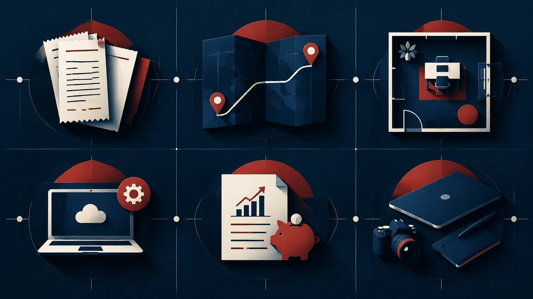 Abstract grid of business records, mileage route, home-office plan, software, and equipment shapes