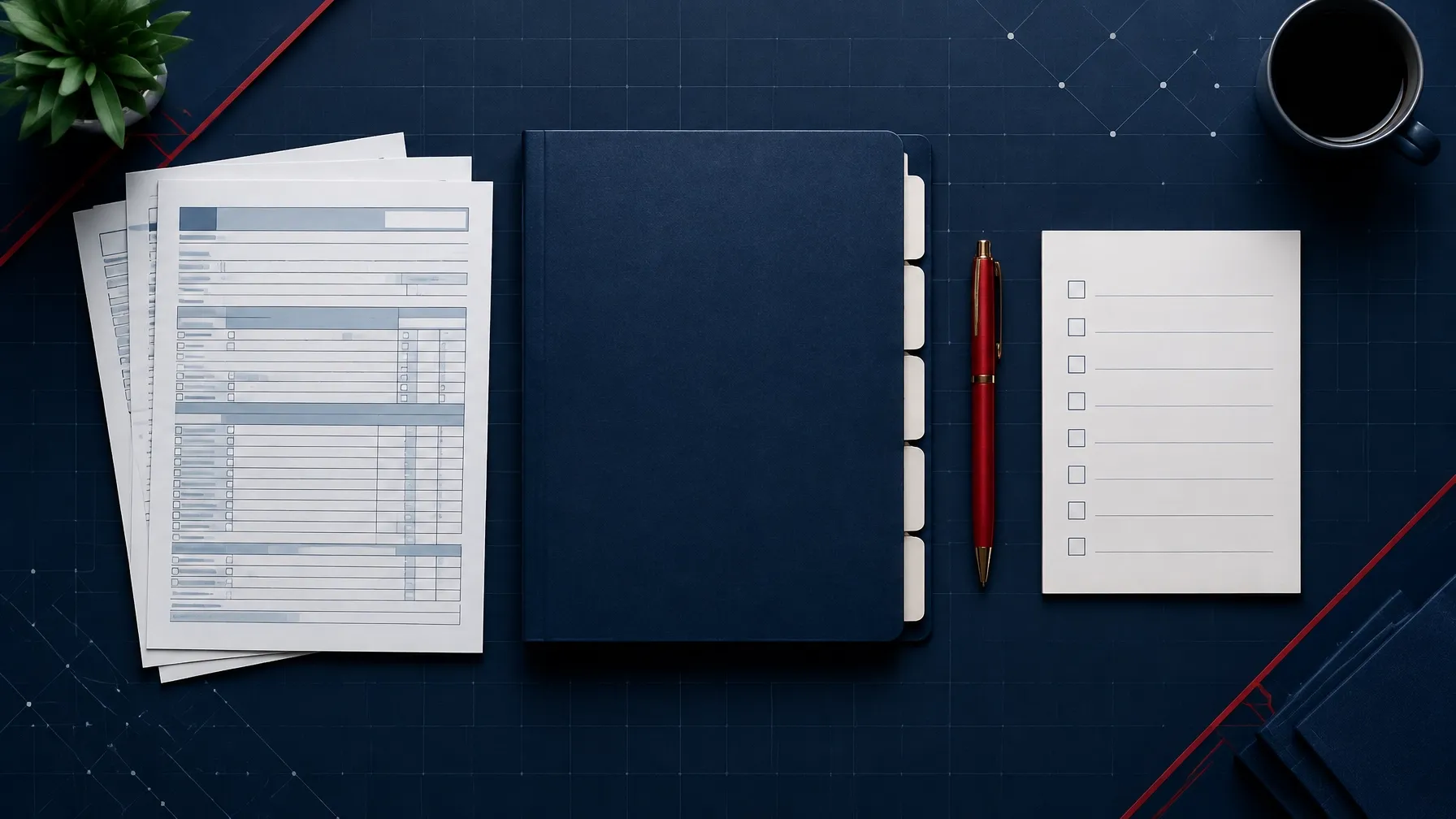 An organized tax document folder, forms, pen, and checklist arranged on a dark grid surface