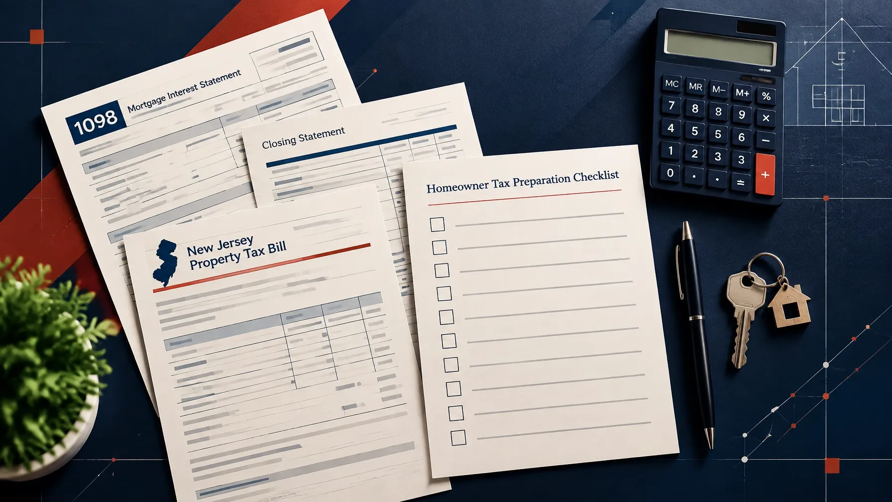 Homeowner tax documents, including a mortgage statement, property tax bill, checklist, and house key
